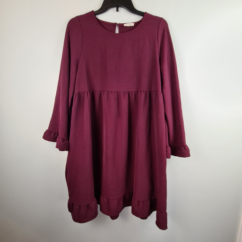 Cotton Bleu Long Sleeve Burgundy Dress Medium Fit And Flare Pockets Casual
